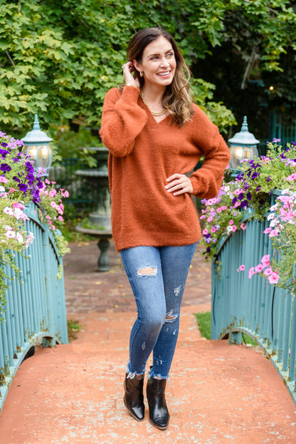 Sierra Long Sleeve Eyelash Sweater Knit Top In Rust