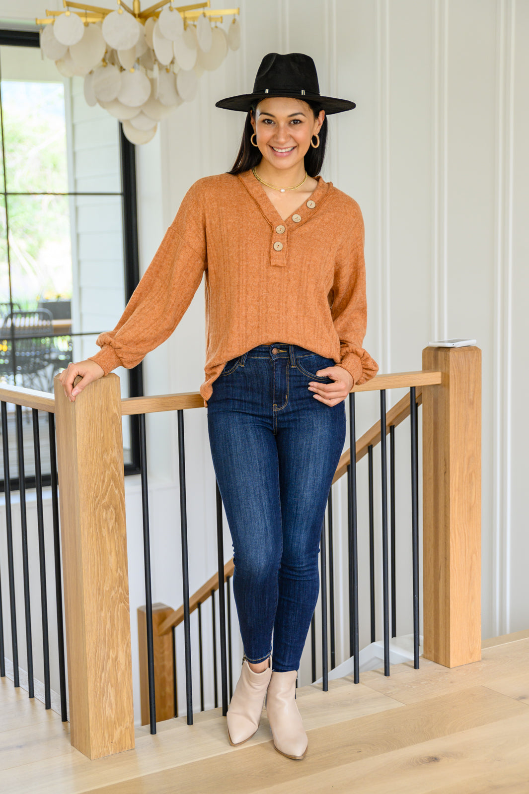 Speak Sweetly Textured Knit Top With Buttons In Rust