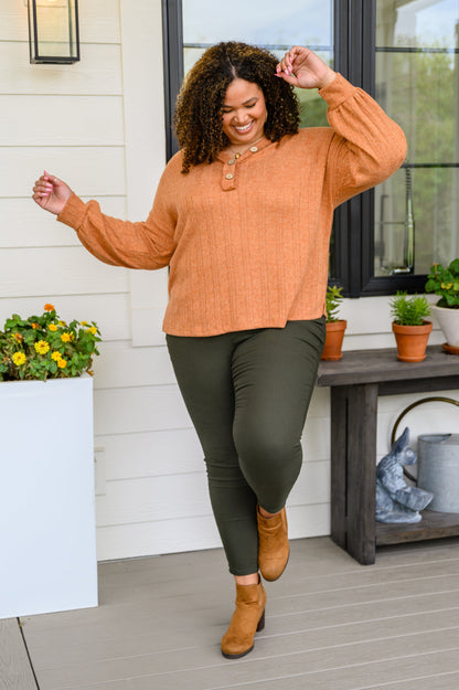 Speak Sweetly Textured Knit Top With Buttons In Rust