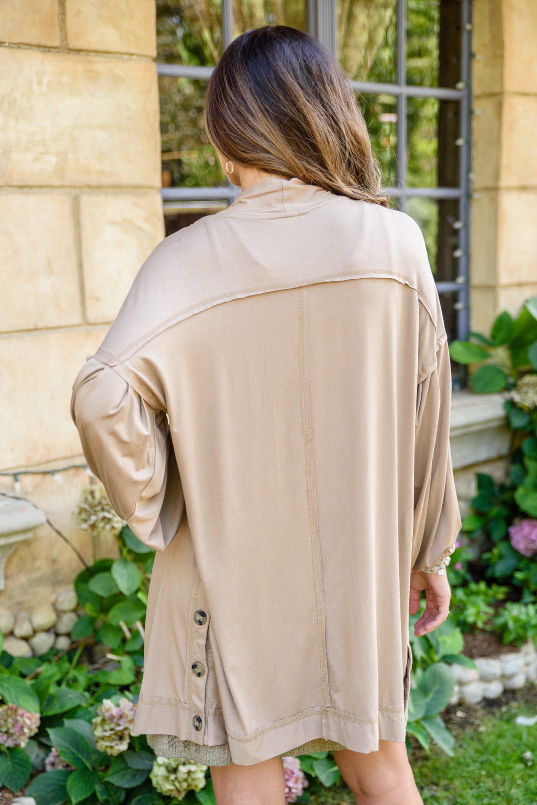 Stefanie Open Front Balloon Sleeve Cardigan In Taupe