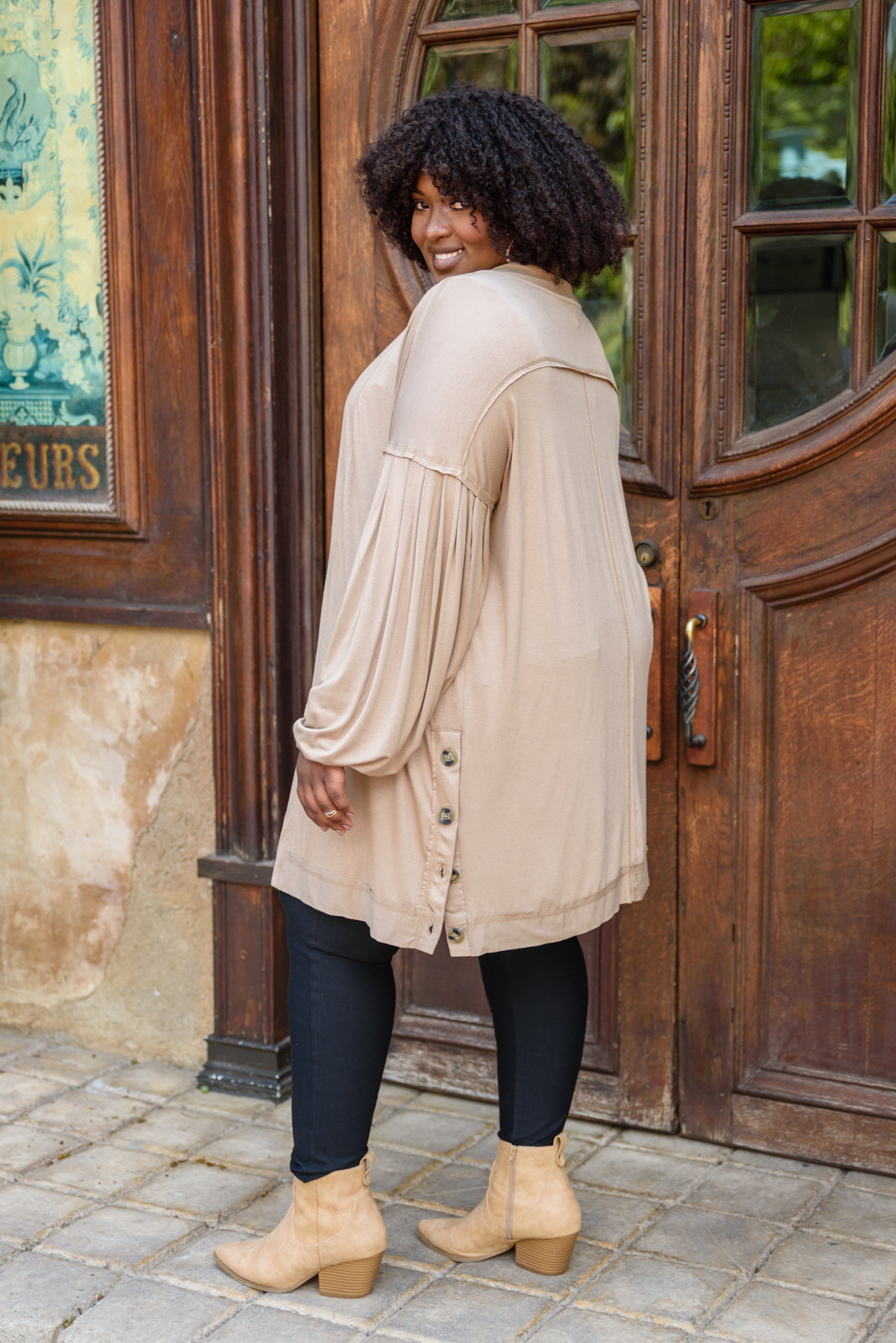 Stefanie Open Front Balloon Sleeve Cardigan In Taupe