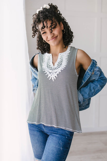 Stripes N Lace Top In Black