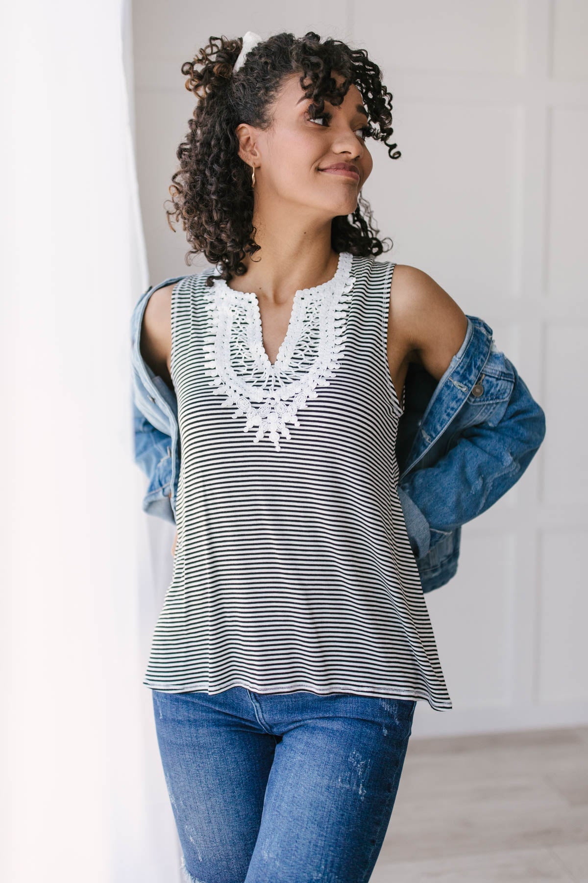 Stripes N Lace Top In Black