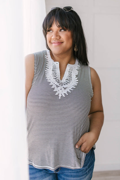 Stripes N Lace Top In Black