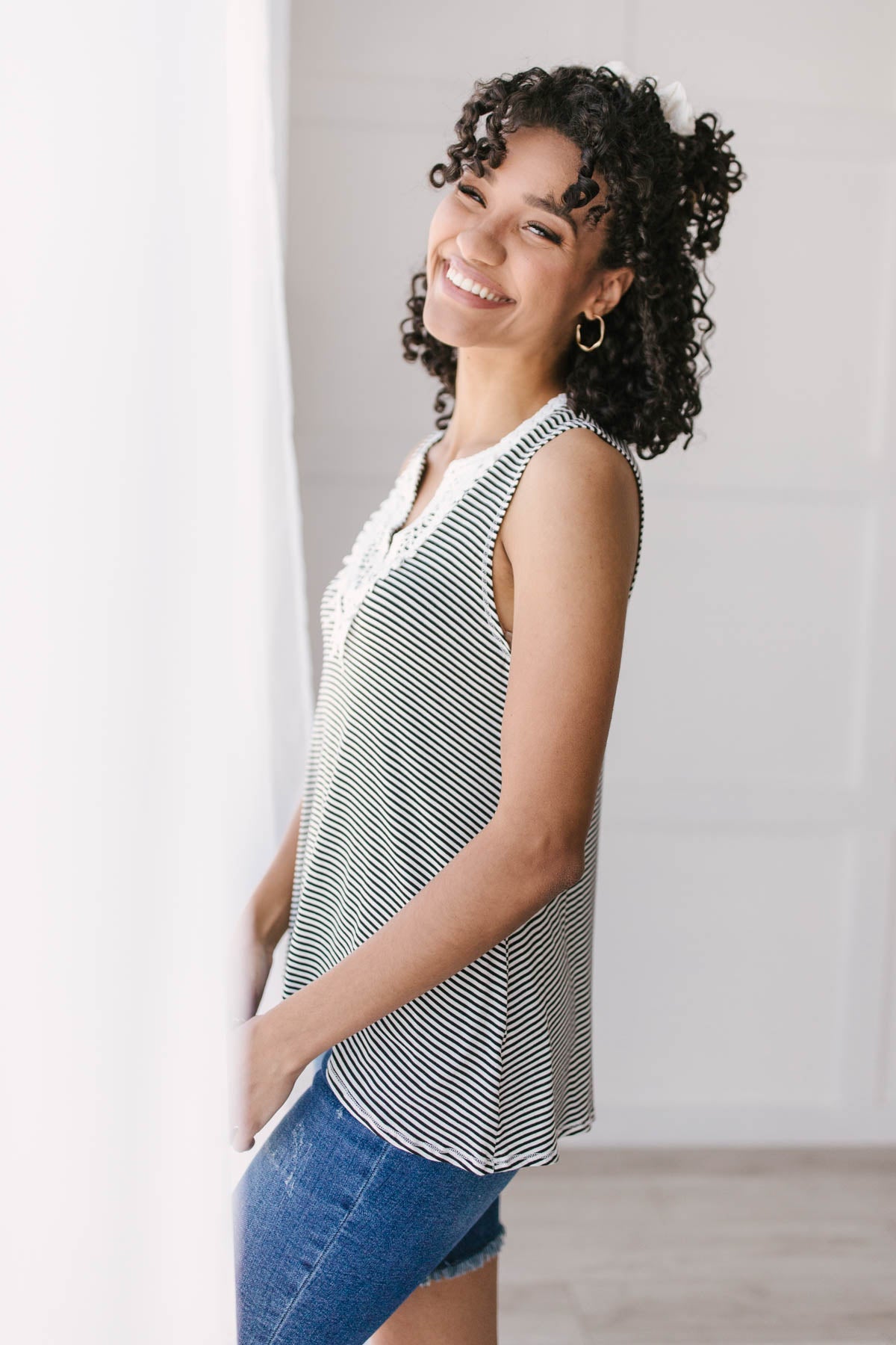 Stripes N Lace Top In Black