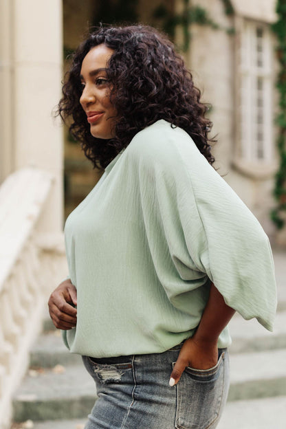 Summer Off My Shoulder, Off My Mind Blouse in Sage