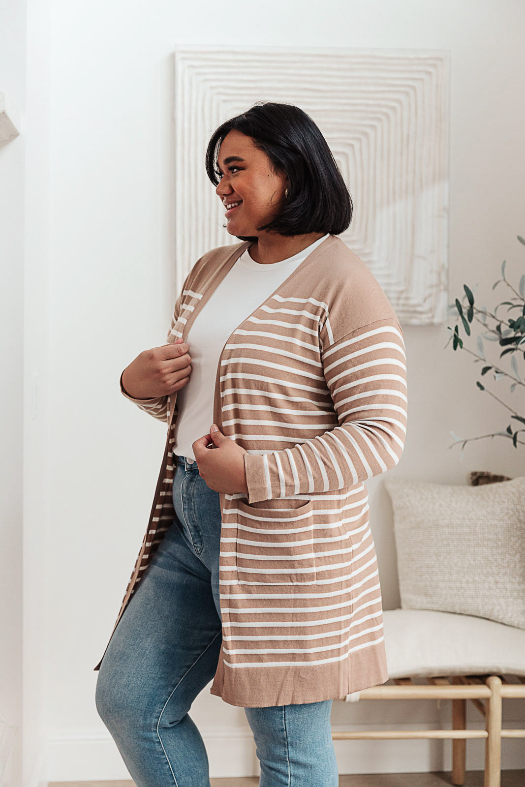 Swift Stripes Pocket Cardigan In Taupe