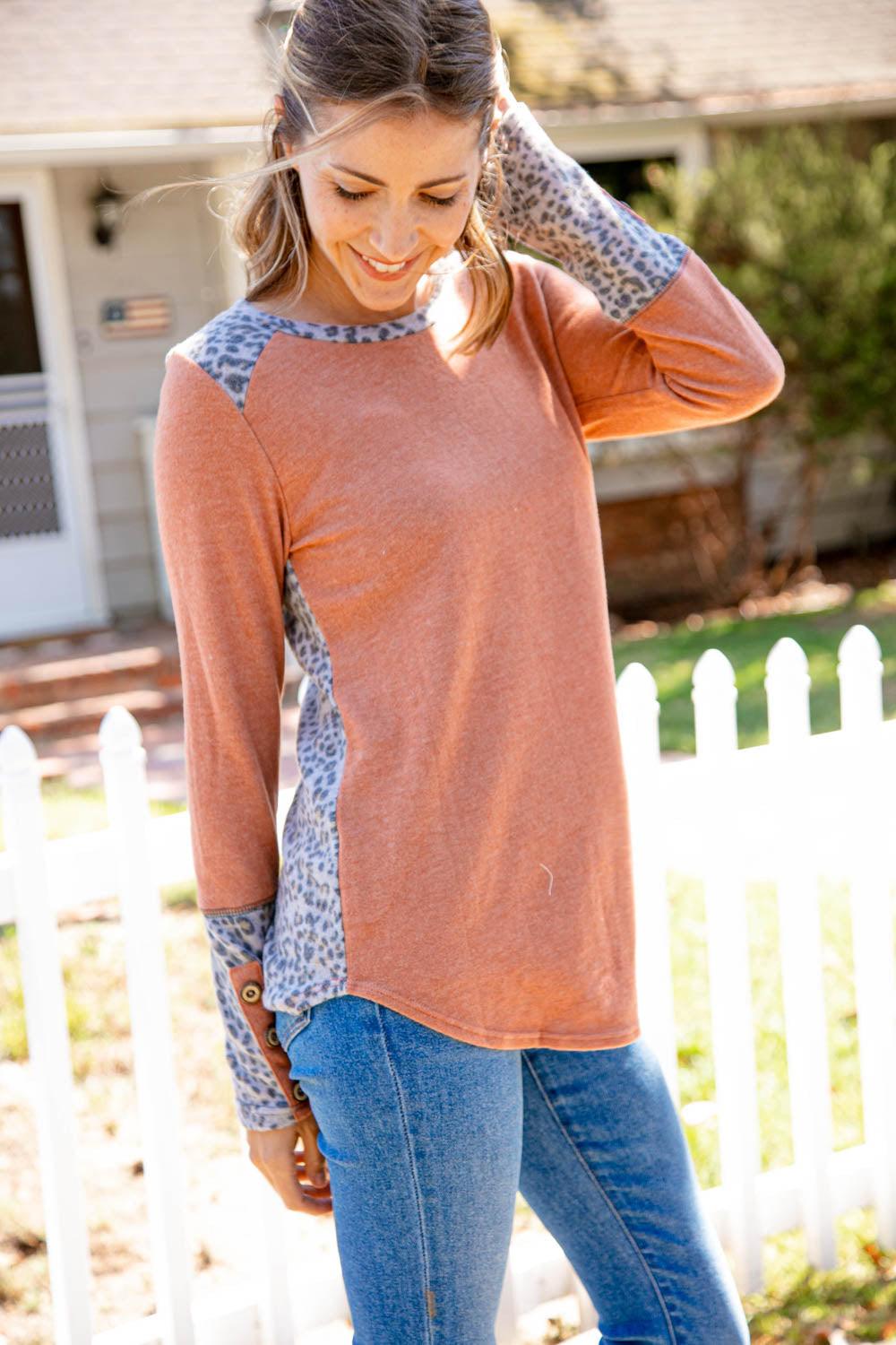 Animal Color Block Hacci Long Sleeve Top