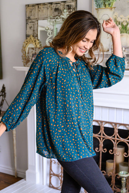 The Time Is Now Spotted Blouse In Teal