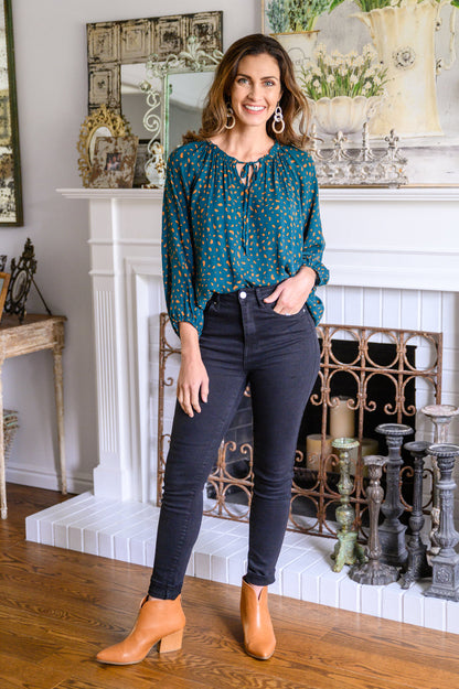 The Time Is Now Spotted Blouse In Teal