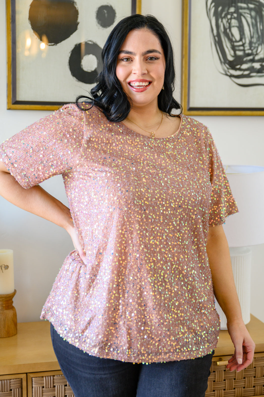 Times Square Sequin Short Sleeve Top In Gold