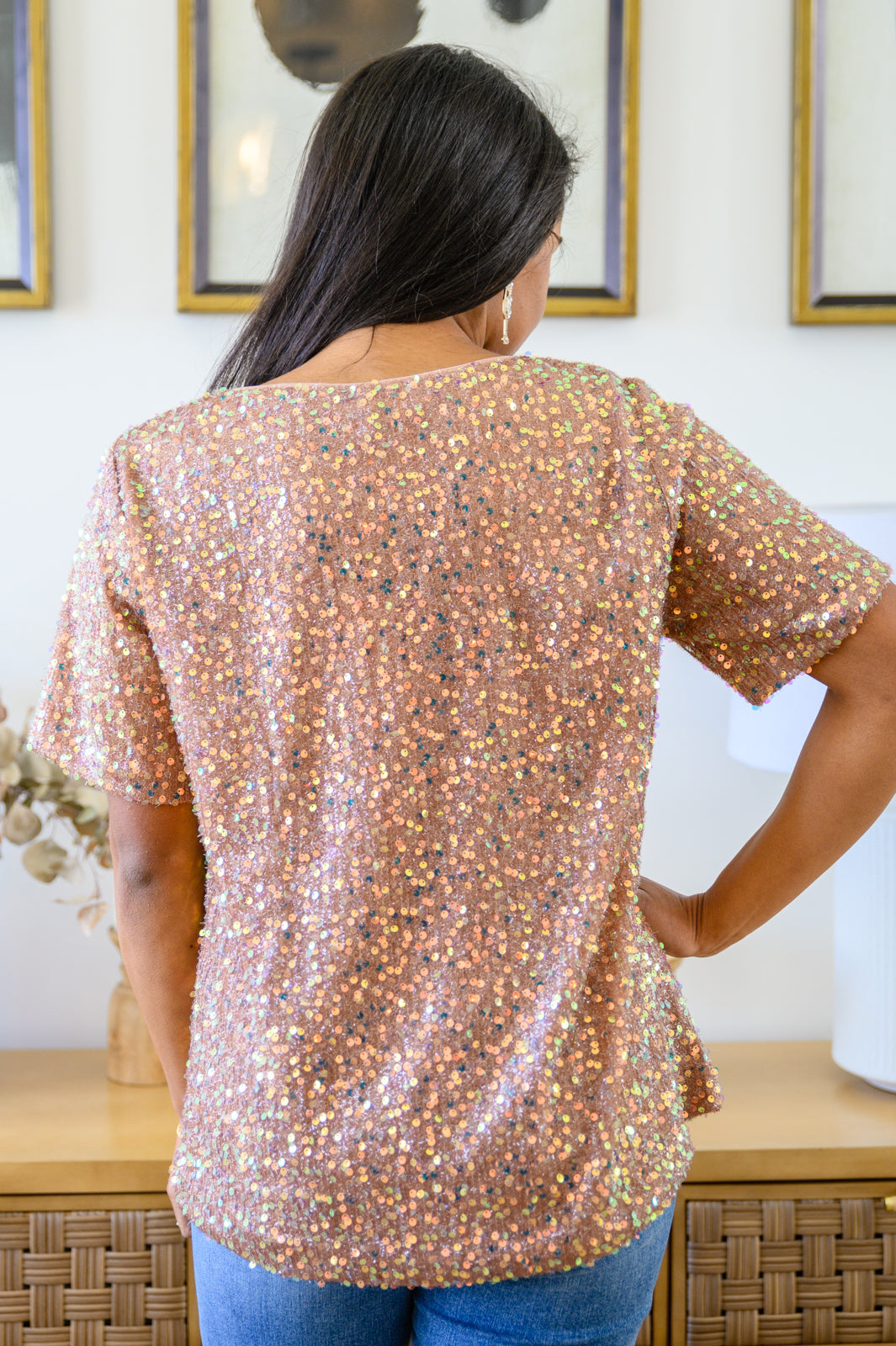 Times Square Sequin Short Sleeve Top In Gold