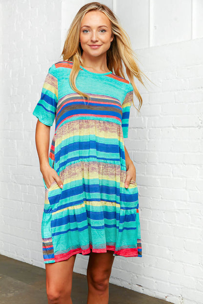 Mint Multi Stripe Tiered Pocketed Dress