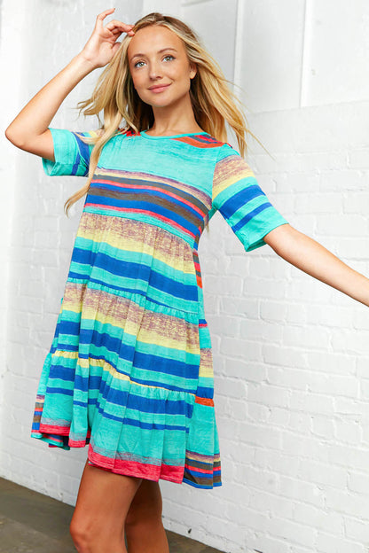 Mint Multi Stripe Tiered Pocketed Dress