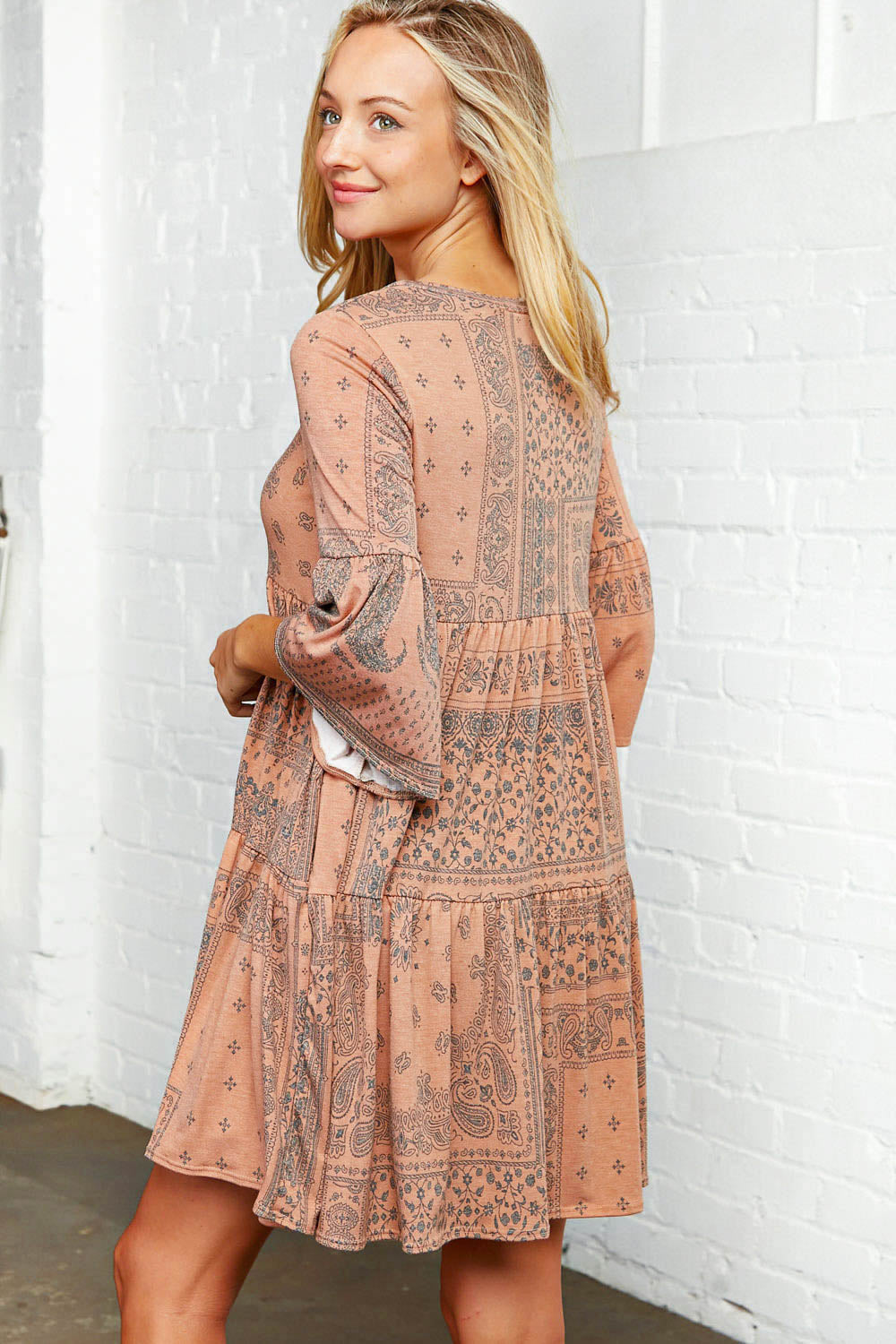 Paisley Print Ruffle Sleeve Pocketed Dress