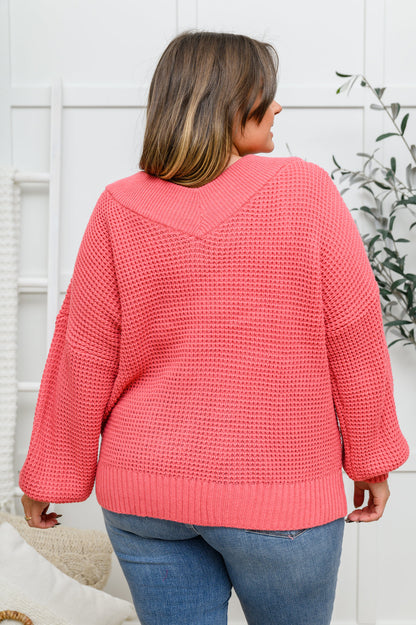 Wide V Neck Waffle Knit Sweater In Rose