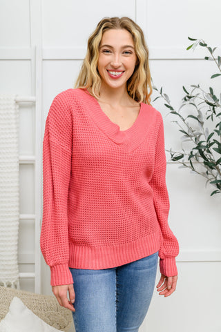 Wide V Neck Waffle Knit Sweater In Rose