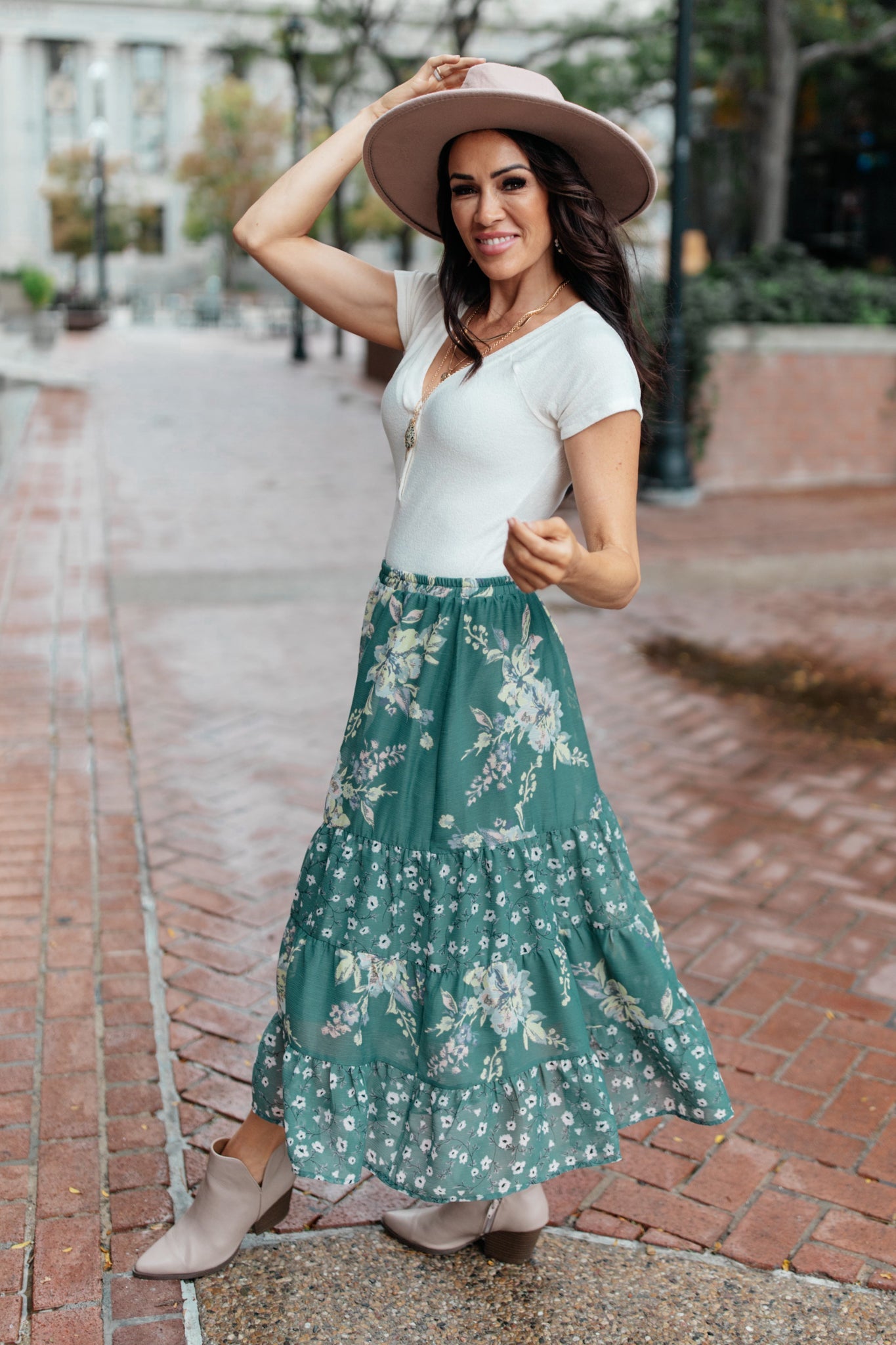 Zoe Floral Midi Skirt in Hunter Green