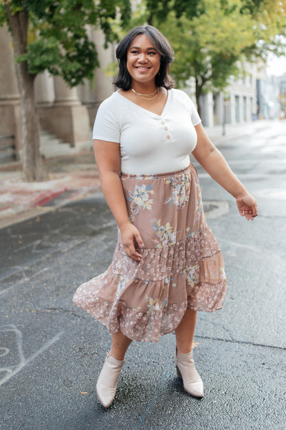 Zoe Floral Midi Skirt in Mocha