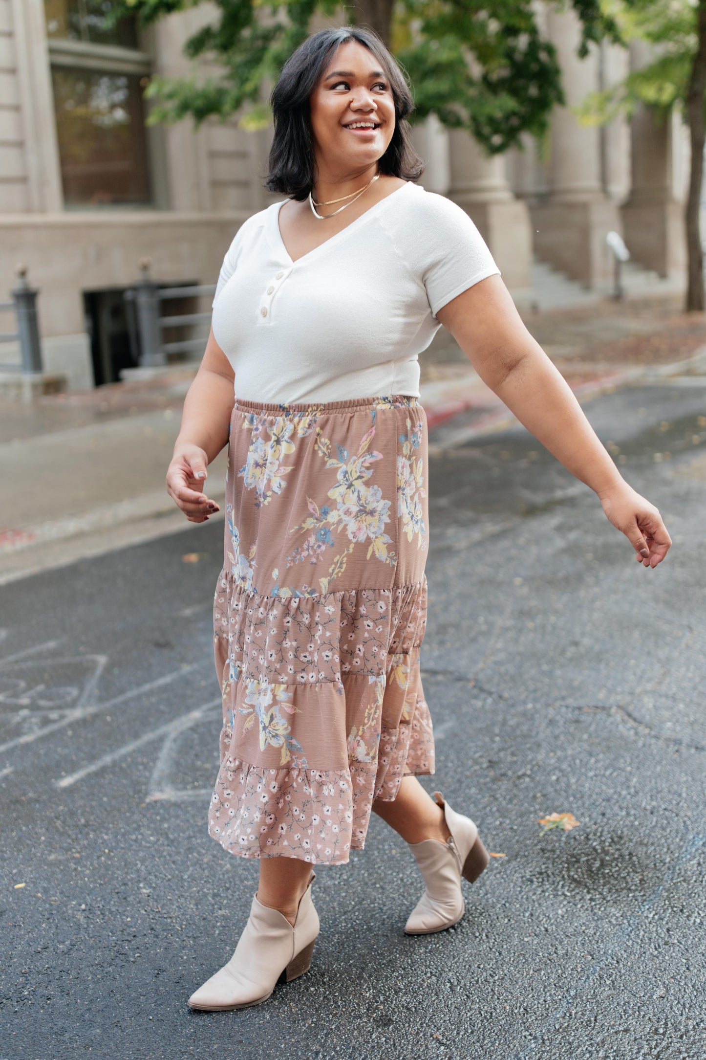 Zoe Floral Midi Skirt in Mocha