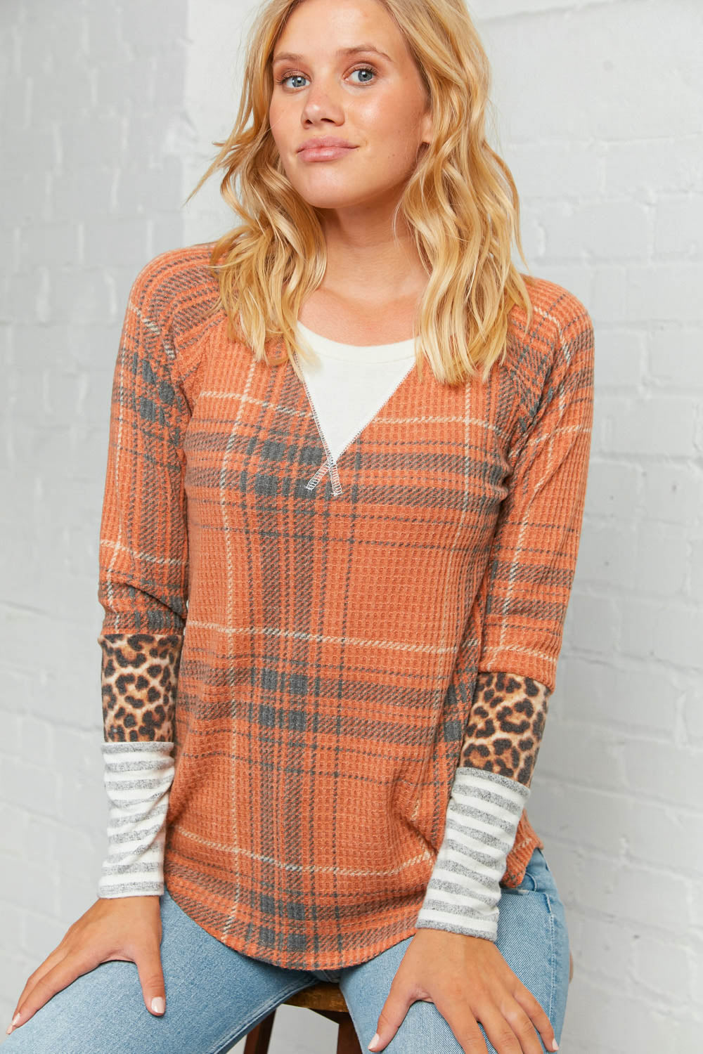 Rust Plaid Stripe & Leopard Cross Stitch Top