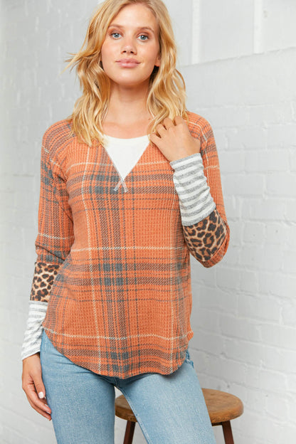 Rust Plaid Stripe & Leopard Cross Stitch Top