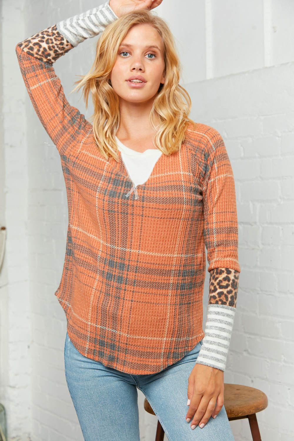 Rust Plaid Stripe & Leopard Cross Stitch Top