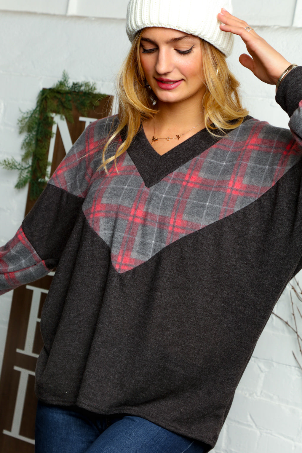 Brushed Hacci Chevron Plaid Color Block Sweater Top