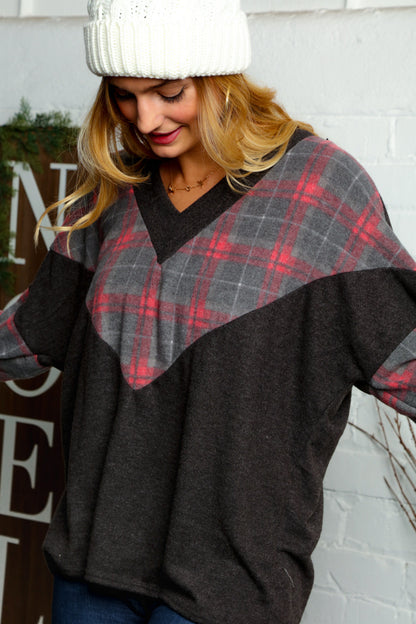 Brushed Hacci Chevron Plaid Color Block Sweater Top