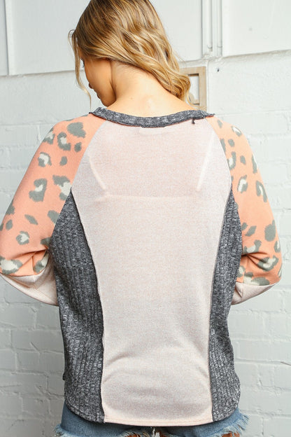 CORAL LEOPARD PRINT COLOR BLOCK RAGLAN TOP