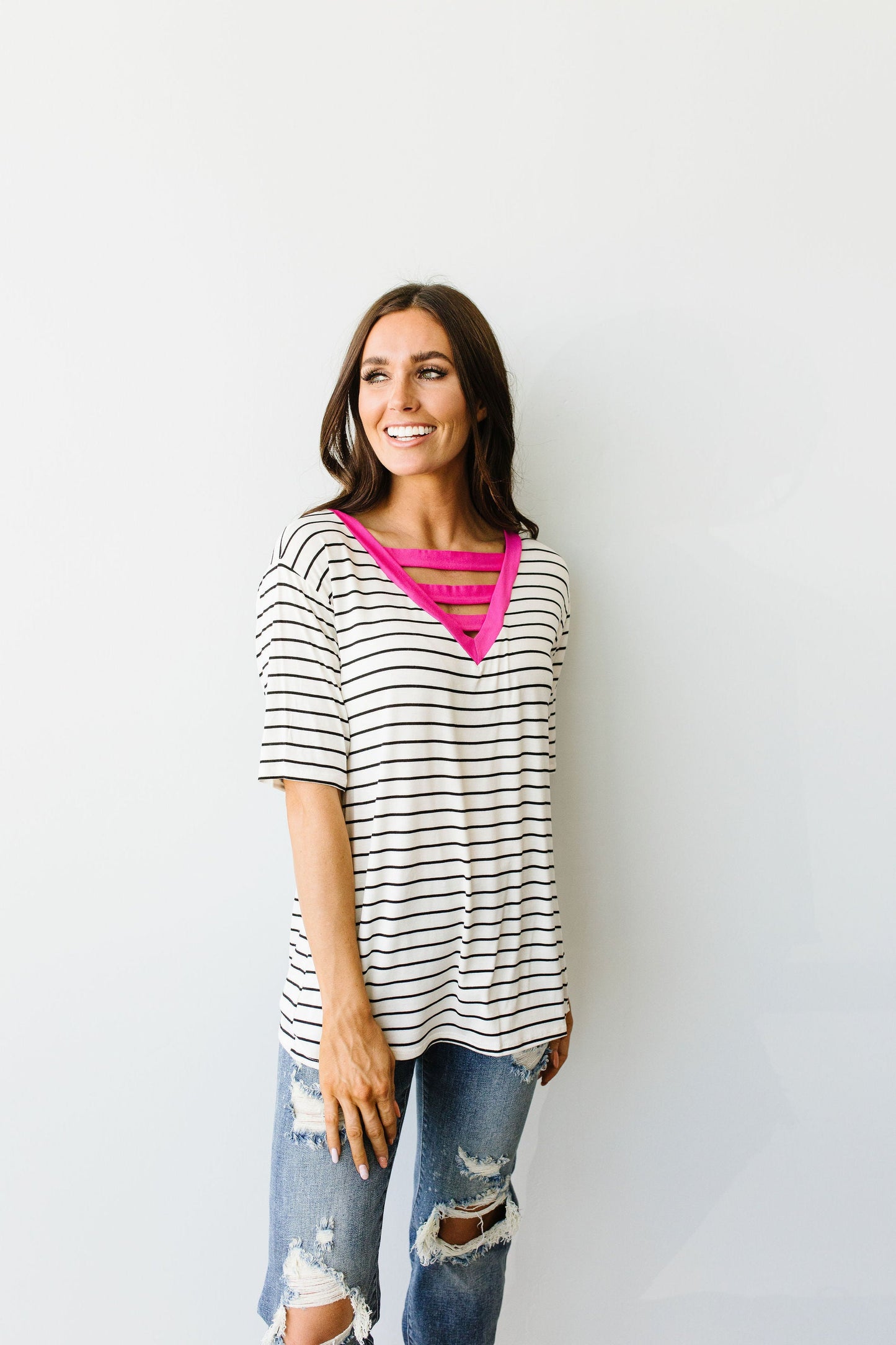 Pink Neon Striped V Top